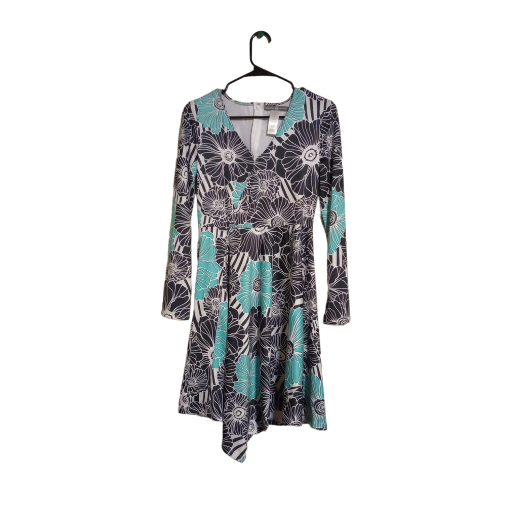 Signature Collection Long Sleeve Floral V Neck Dress Size S/P Small Petite 35"L